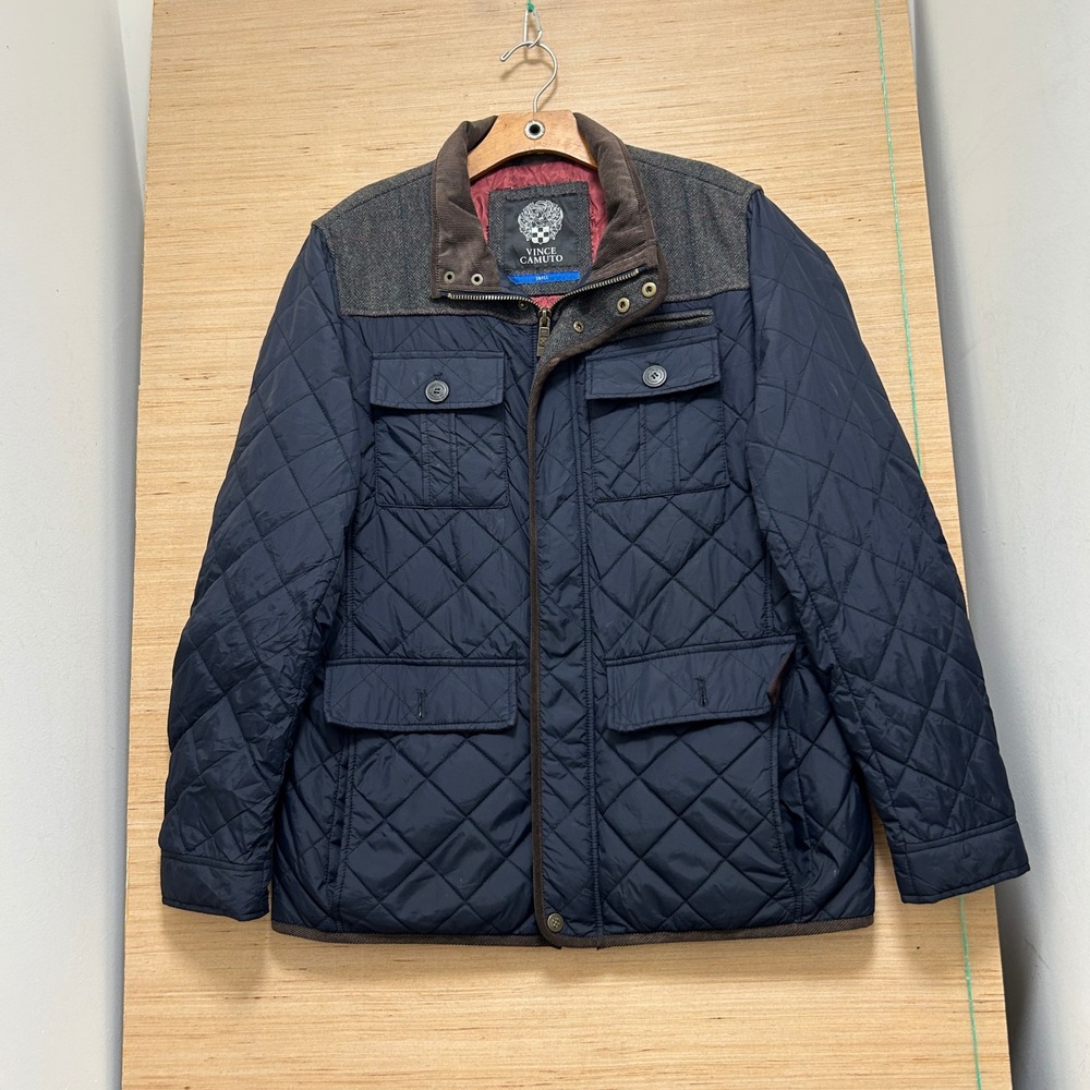 Vince Camuto Mens Quilted Barn Jacket Navy Blue Herringbone Yoke Small